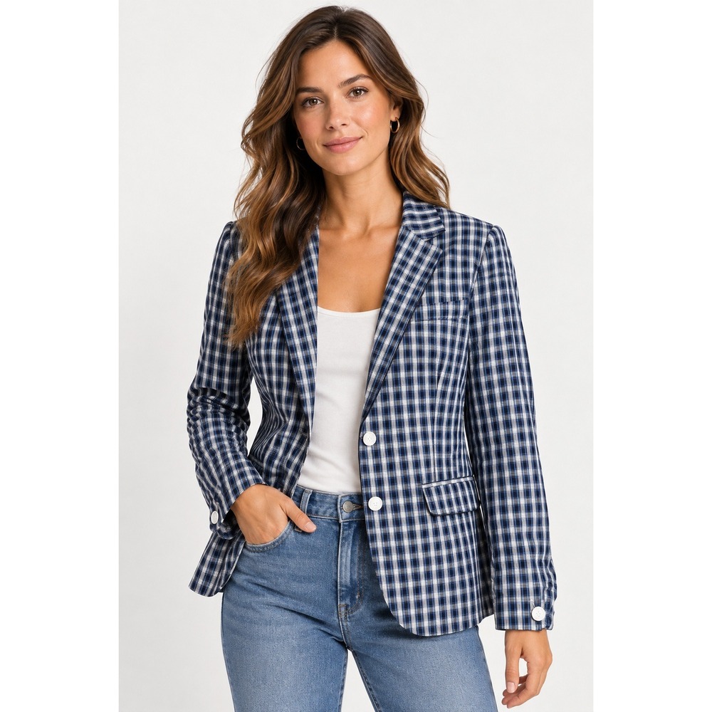 Banana Republic Plaid Blazer Women Small Navy Blue Excellent Cotton Shirt Jacket